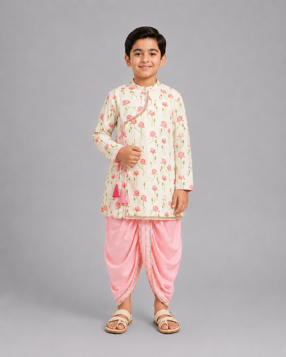 Off White / Baby Pink lotus Print Kurta Dhoti set