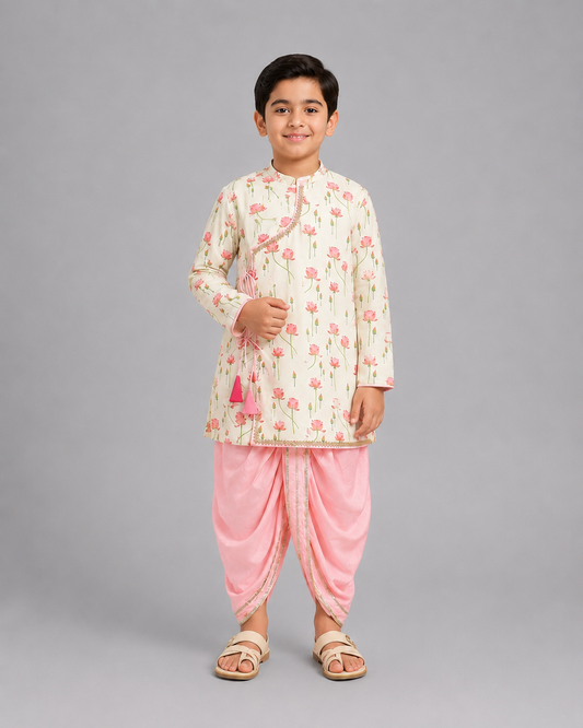 Off White / Baby Pink lotus Print Kurta Dhoti set
