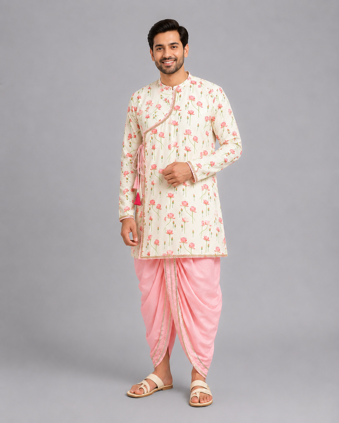 Off White / Baby Pink lotus Print Kurta Dhoti set