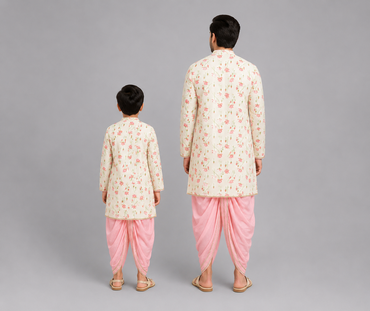Off White / Baby Pink lotus Print Kurta Dhoti set