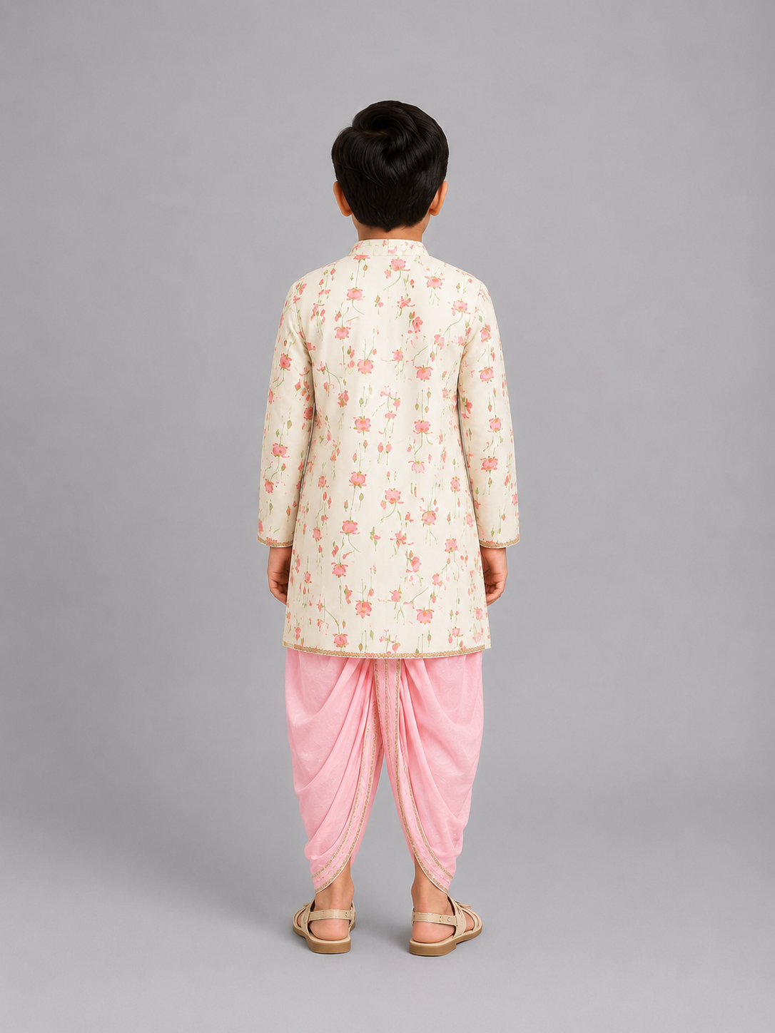 Off White / Baby Pink lotus Print Kurta Dhoti set