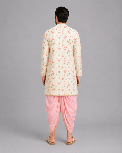 Off White / Baby Pink lotus Print Kurta Dhoti set