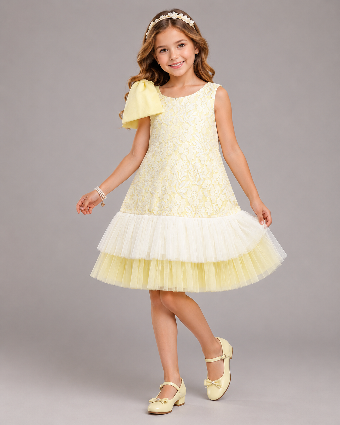 Lime Yellow Lace Dress With Net Ruffles