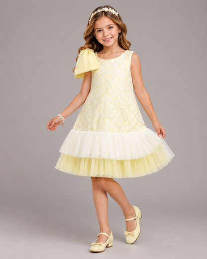 Lime Yellow Lace Dress With Net Ruffles