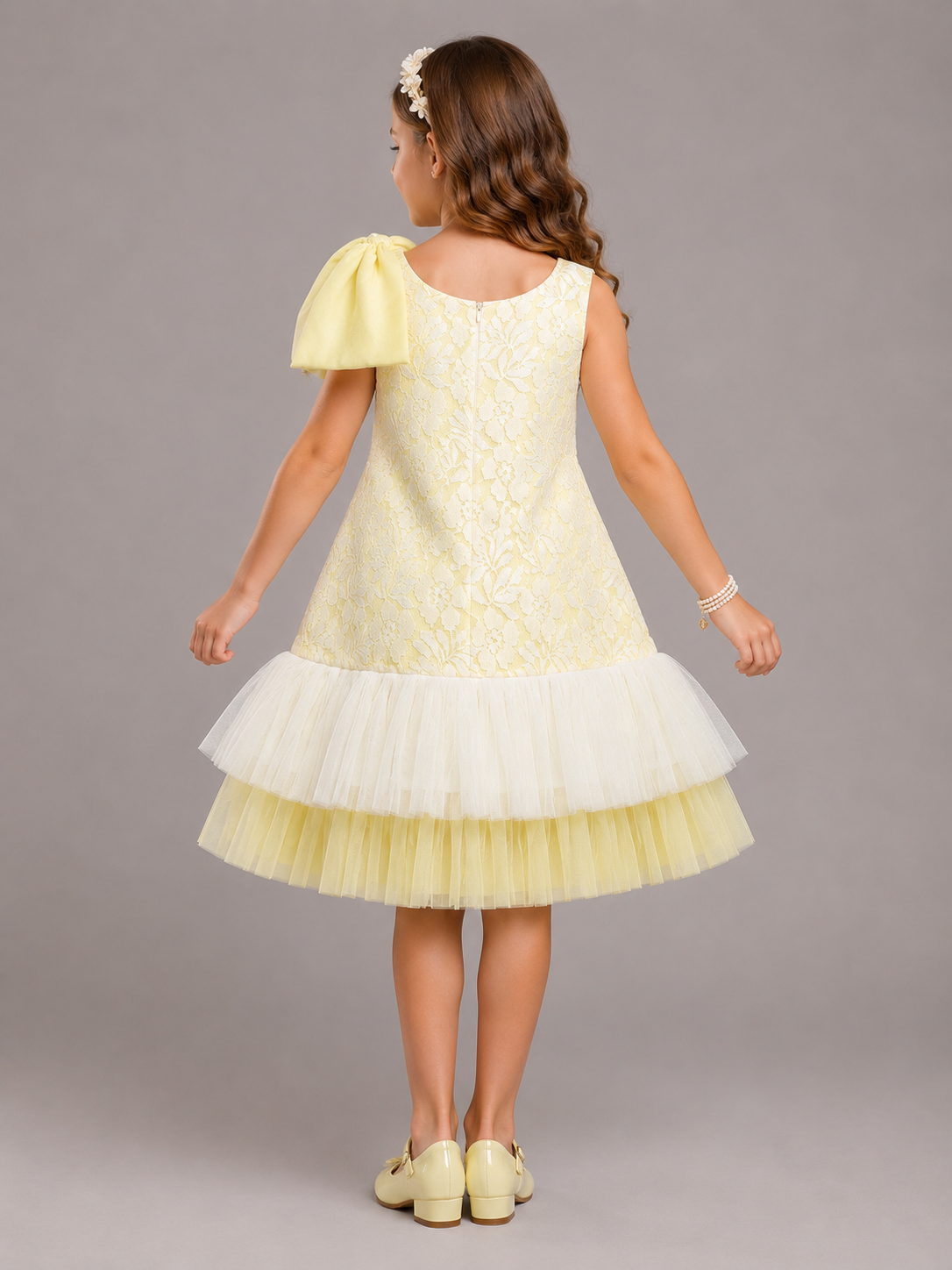 Lime Yellow Lace Dress With Net Ruffles