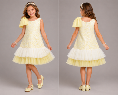 Lime Yellow Lace Dress With Net Ruffles