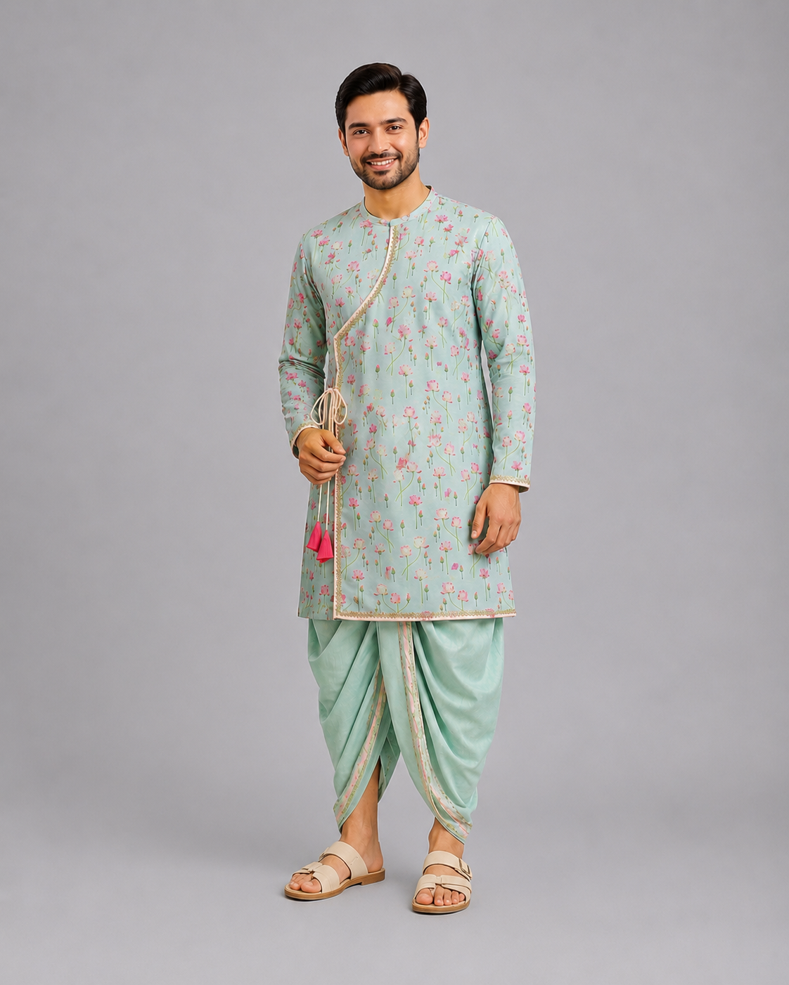 Mint Green lotus Print Kurta Dhoti set