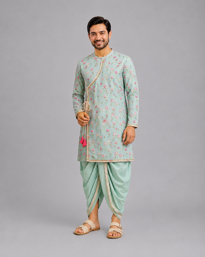 Mint Green lotus Print Kurta Dhoti set
