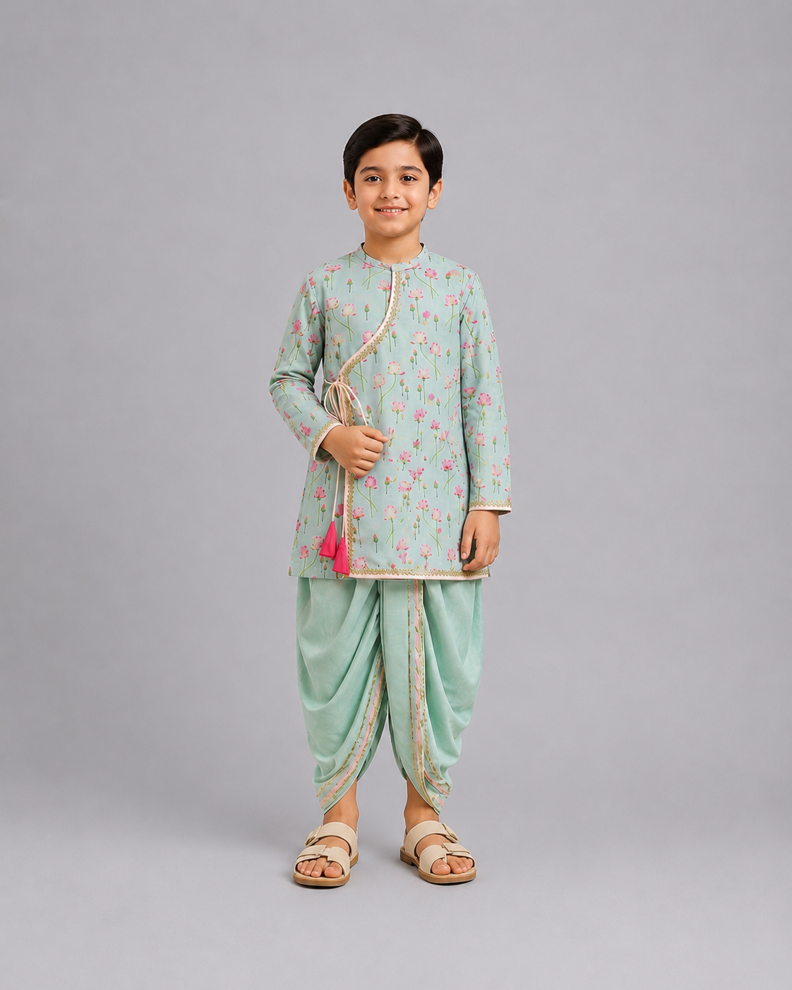 Mint Green lotus Print Kurta Dhoti set