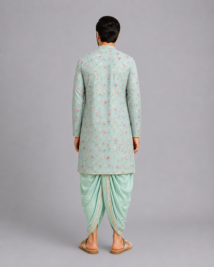 Mint Green lotus Print Kurta Dhoti set