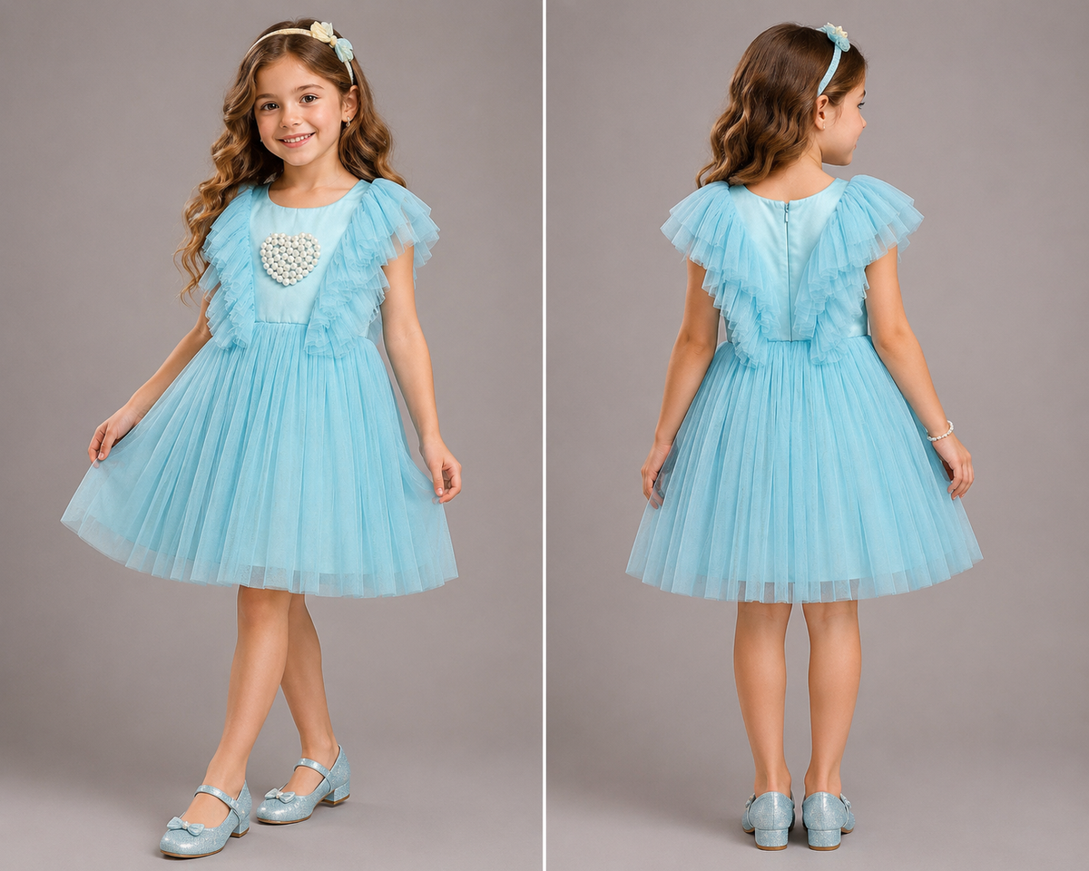 Ferozi Blue Net Birthday Dress