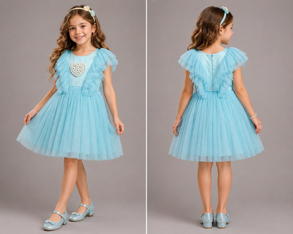 Ferozi Blue Net Birthday Dress