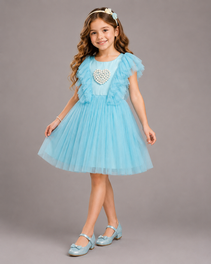 Ferozi Blue Net Birthday Dress
