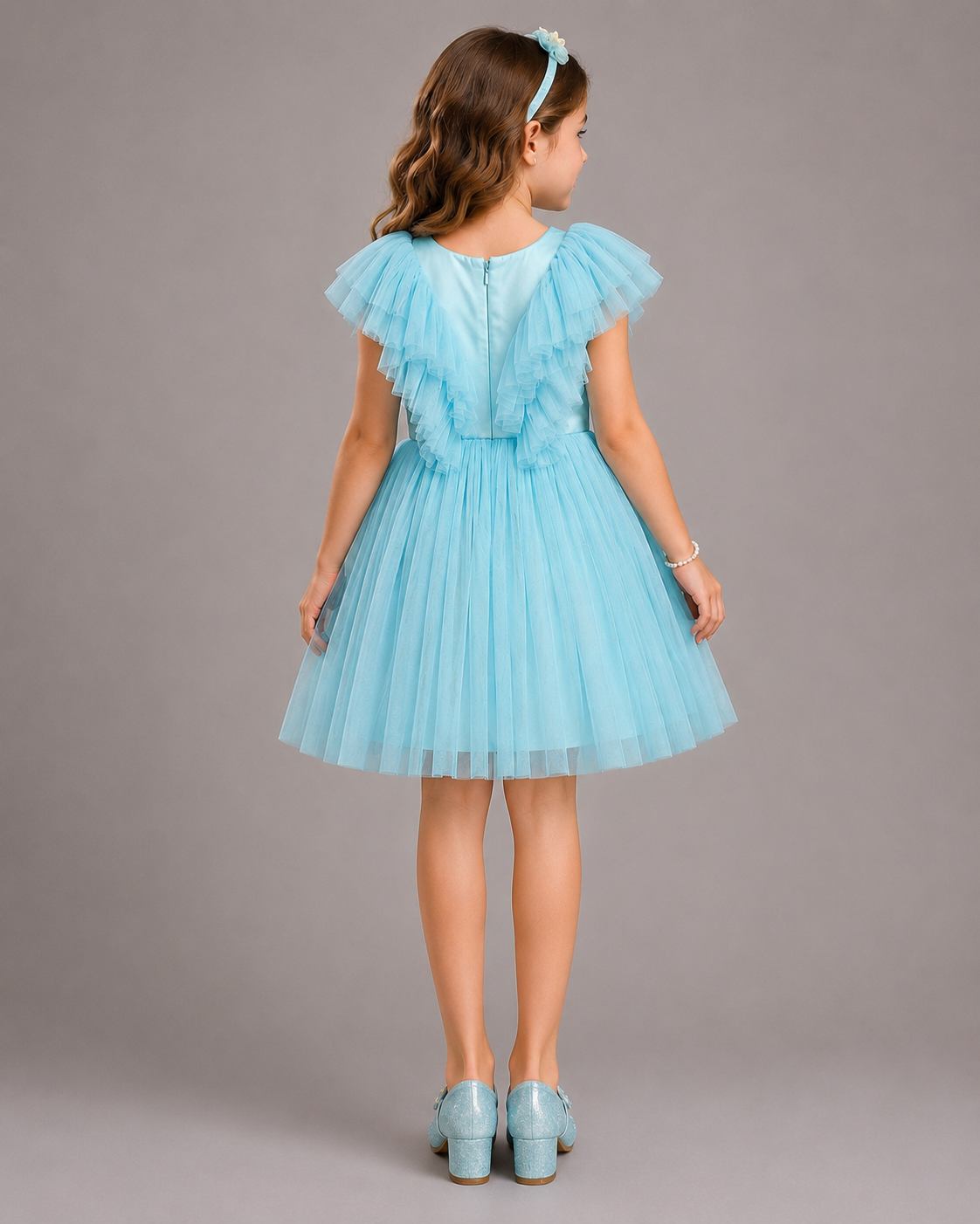 Ferozi Blue Net Birthday Dress