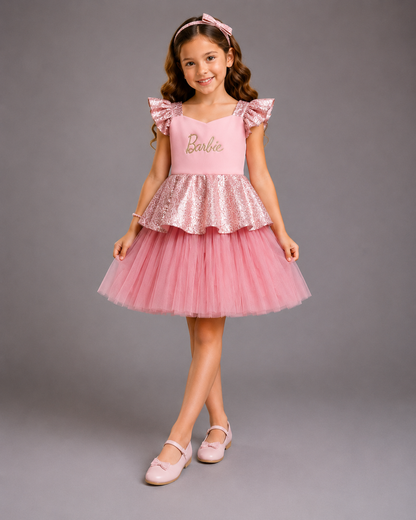 Pink Sequins Barbie Peplum Dress
