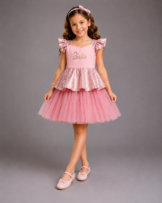 Pink Sequins Barbie Peplum Dress