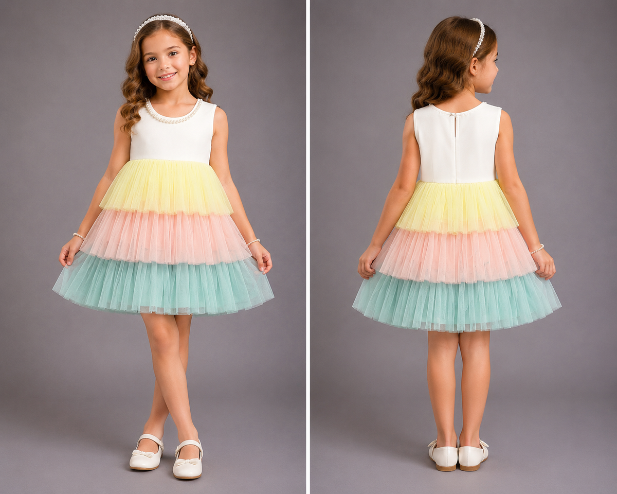 White Dress  With Pastel Color Ruffled Dress