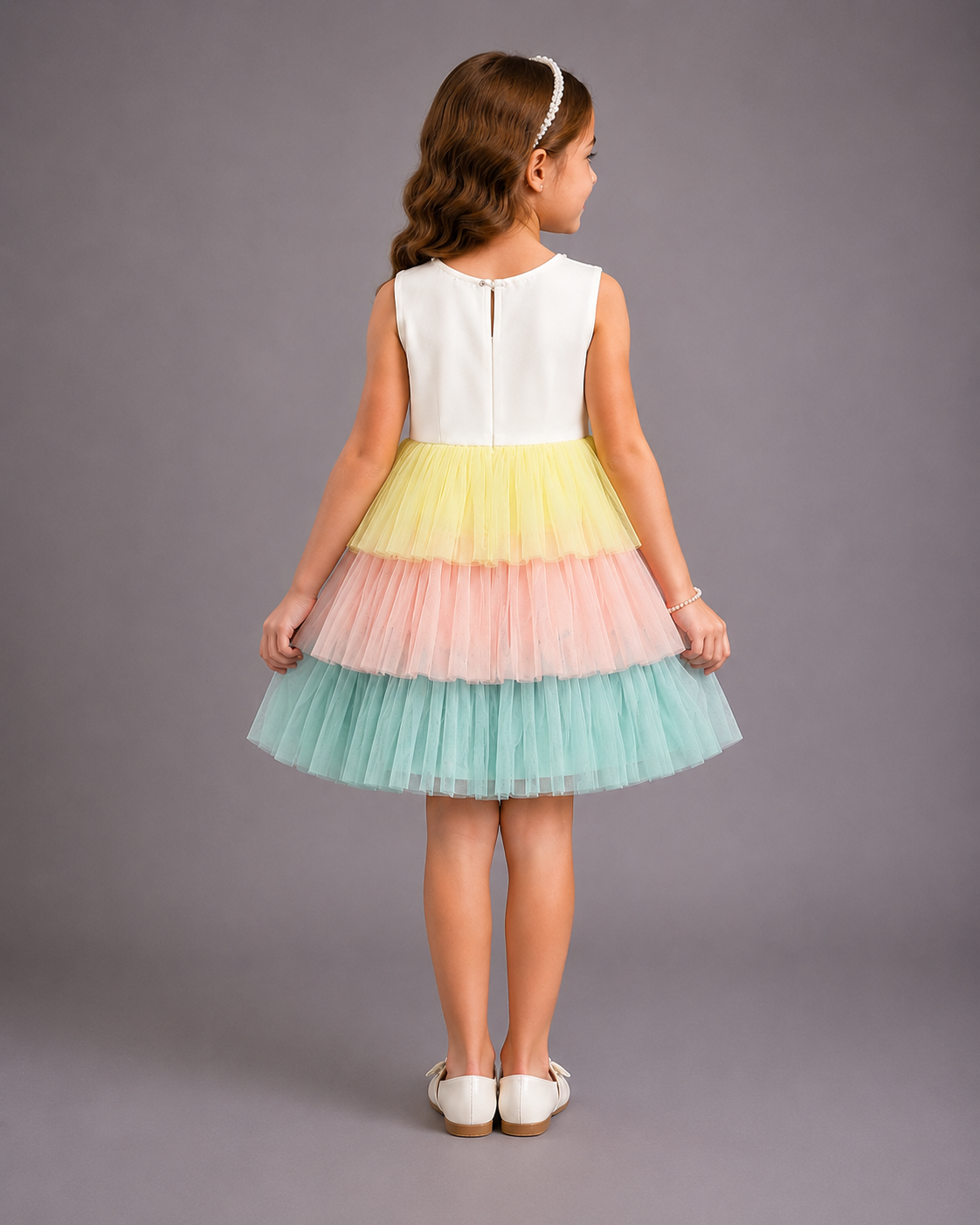 White Dress  With Pastel Color Ruffled Dress