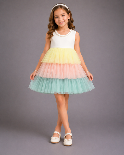 White Dress  With Pastel Color Ruffled Dress