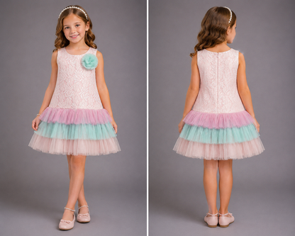 Baby Pink Lace Dress With Organza Frills