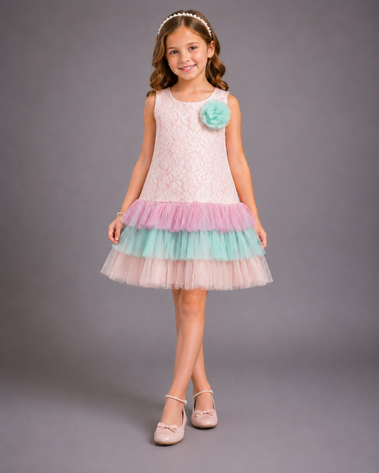 Baby Pink Lace Dress With Organza Frills