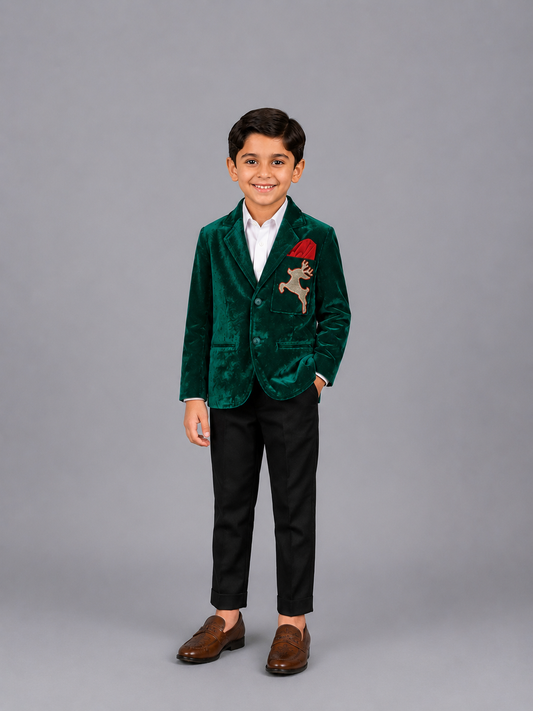 Green Reindeer Embroidered Velvet Blazer