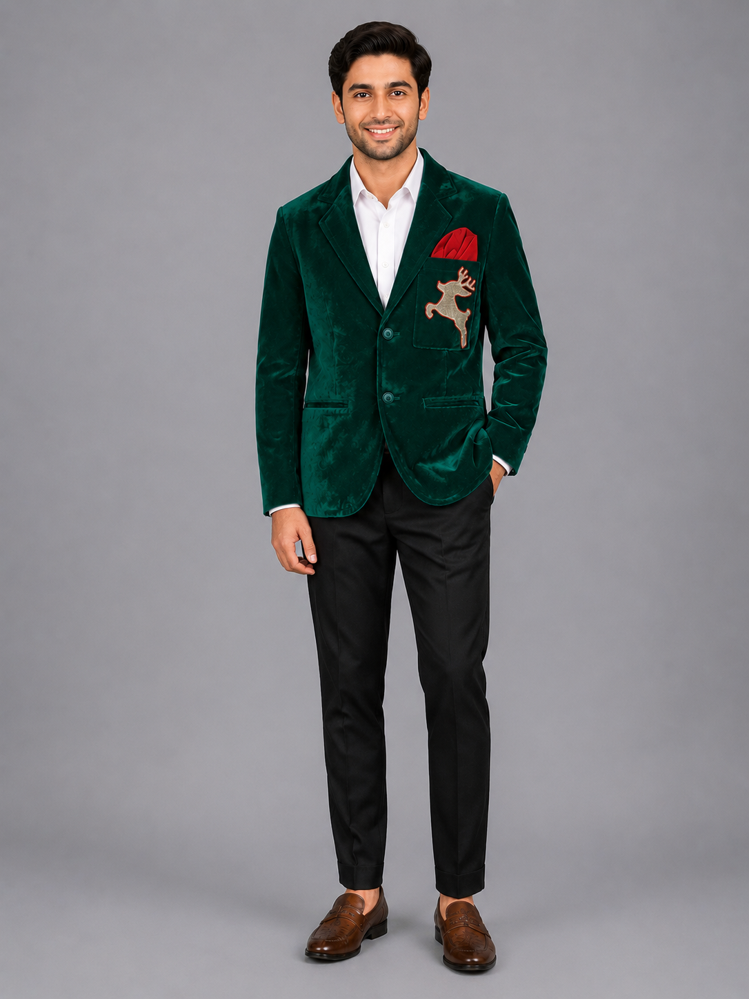 Green Reindeer Embroidered Velvet Blazer