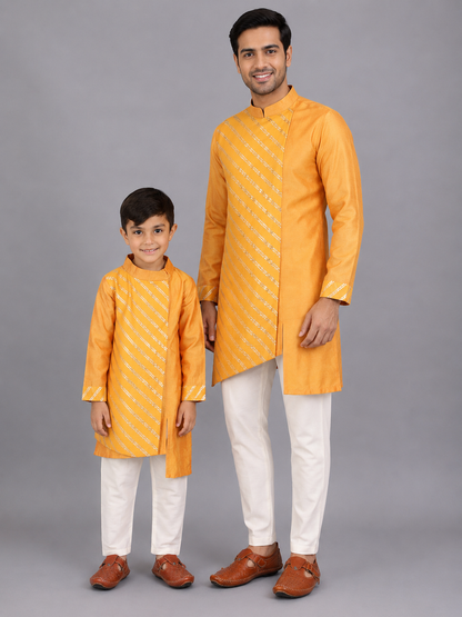 Orange Assymetric zari attached Kurta Pyjama set