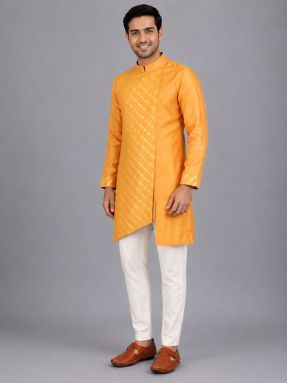 Orange Assymetric zari attached Kurta Pyjama set