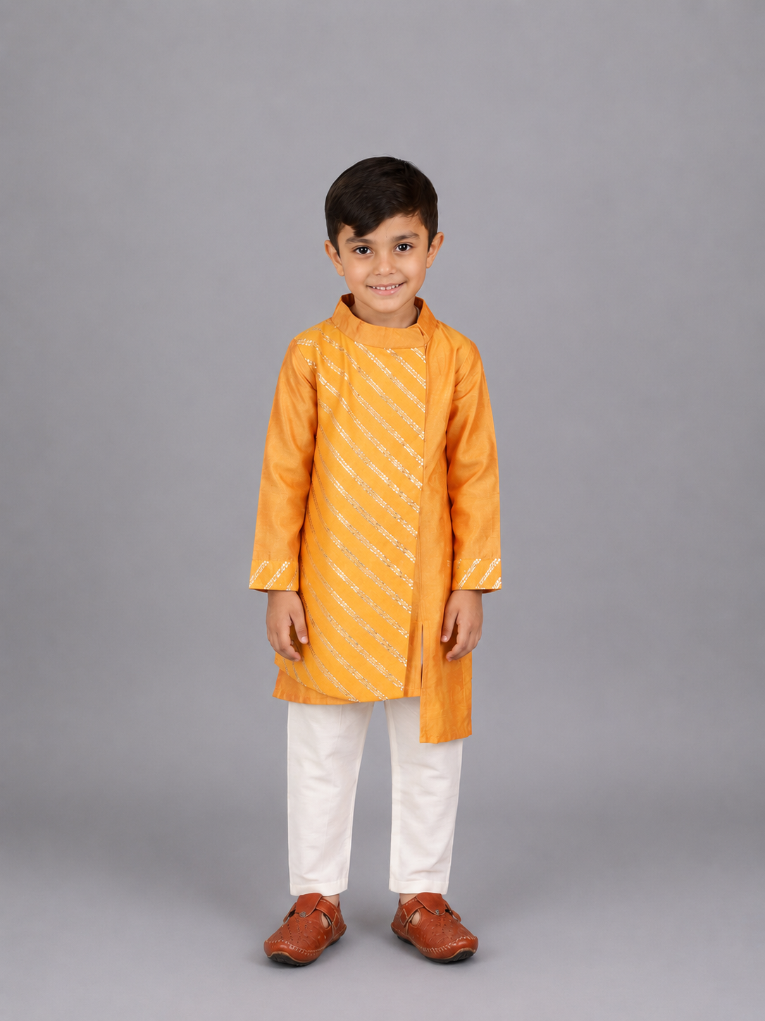 Orange Assymetric zari attached Kurta Pyjama set
