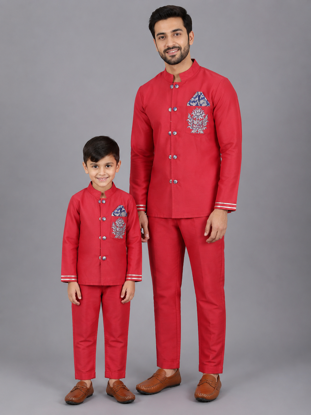 Red Embroidered silk Bandhgala set
