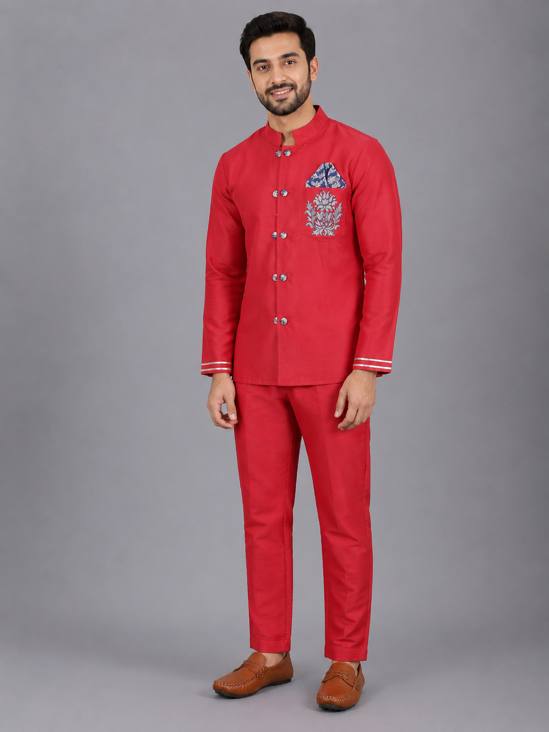 Red Embroidered silk Bandhgala set