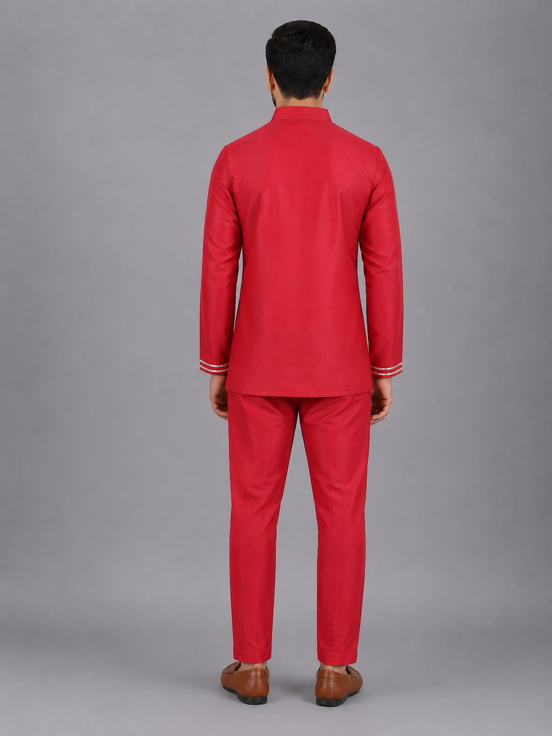 Red Embroidered silk Bandhgala set