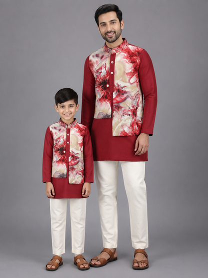 Deep Red Kurta with Printed jacket attached Kurta Pyjama