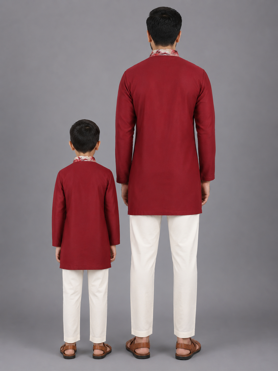 Deep Red Kurta with Printed jacket attached Kurta Pyjama