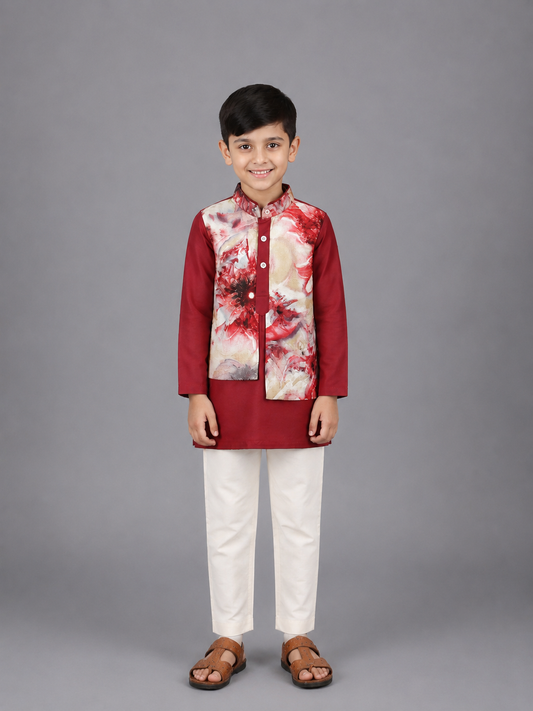 Deep Red Kurta with Printed jacket attached Kurta Pyjama