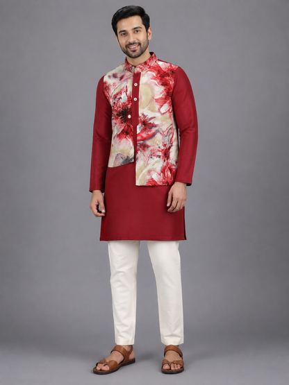 Deep Red Kurta with Printed jacket attached Kurta Pyjama