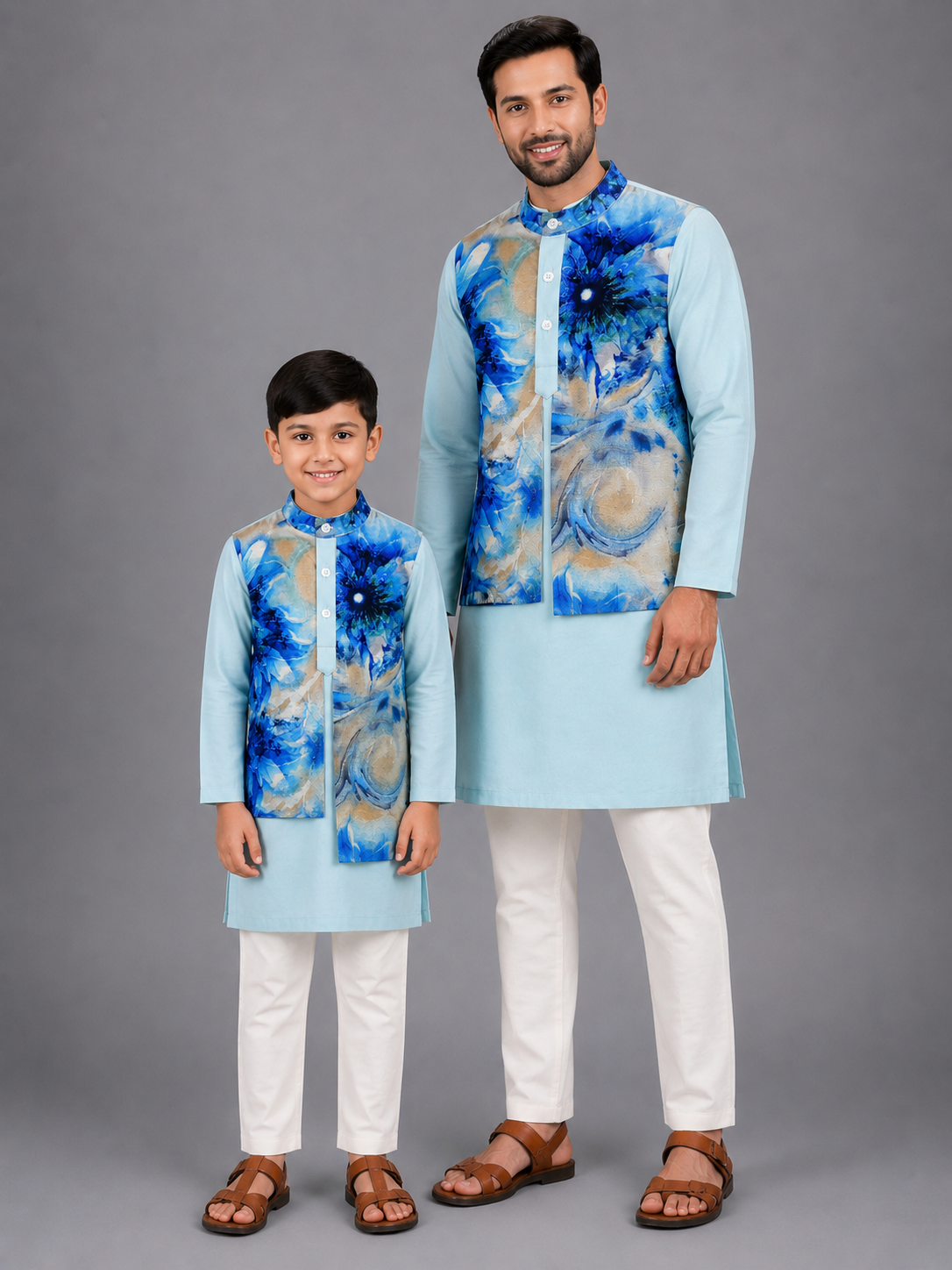 Pastel Blue Kurta with Printed jacket attached Kurta Pyjama