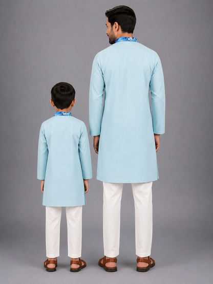 Pastel Blue Kurta with Printed jacket attached Kurta Pyjama