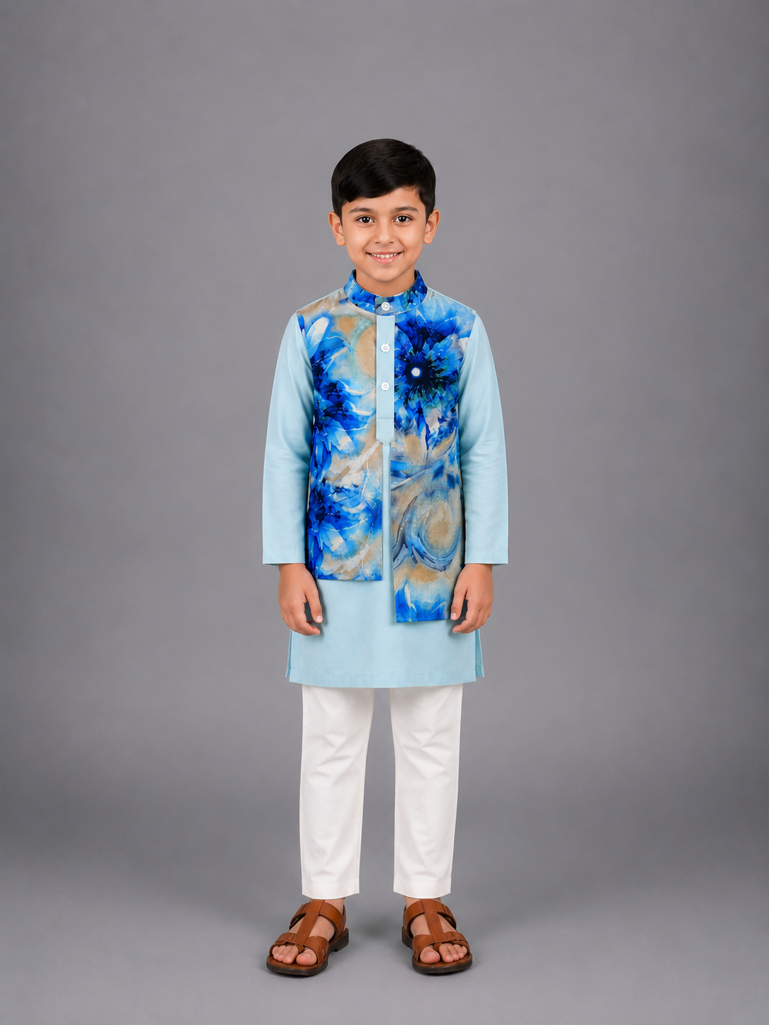 Pastel Blue Kurta with Printed jacket attached Kurta Pyjama