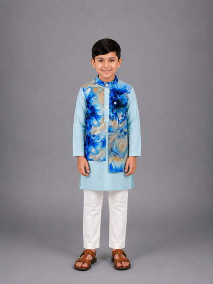Pastel Blue Kurta with Printed jacket attached Kurta Pyjama