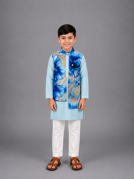 Pastel Blue Kurta with Printed jacket attached Kurta Pyjama