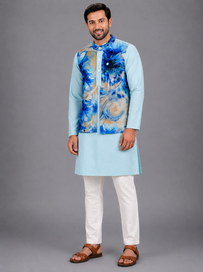 Pastel Blue Kurta with Printed jacket attached Kurta Pyjama