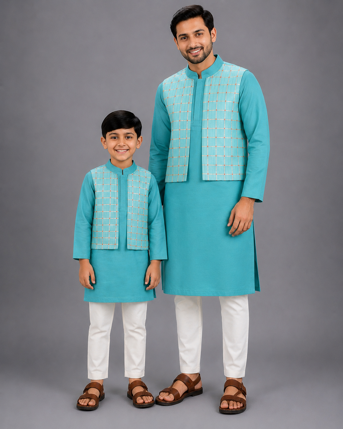 Blue Kurta with check Attached Jacket and Pyjama