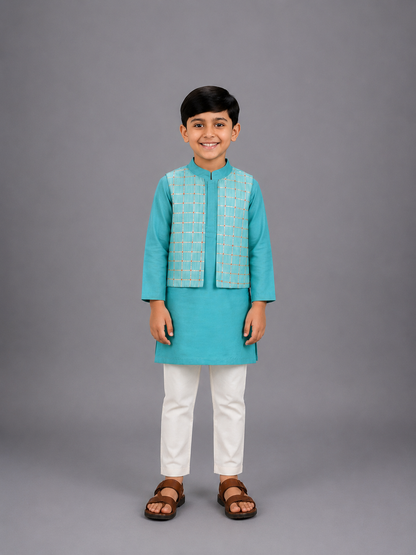 Blue Kurta with check Attached Jacket and Pyjama