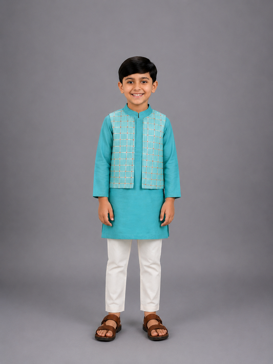 Blue Kurta with check Attached Jacket and Pyjama