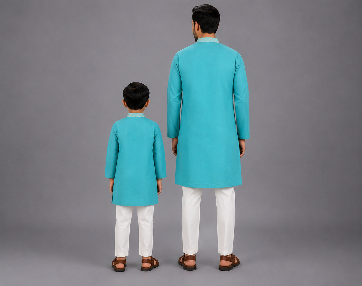 Blue Kurta with check Attached Jacket and Pyjama