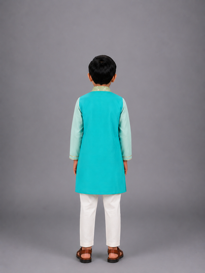 Blue Kurta with check Attached Jacket and Pyjama