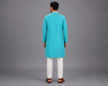 Blue Kurta with check Attached Jacket and Pyjama