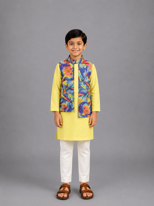 Lime Yellow Kurta with Printed jacket attached Kurta Pyjama